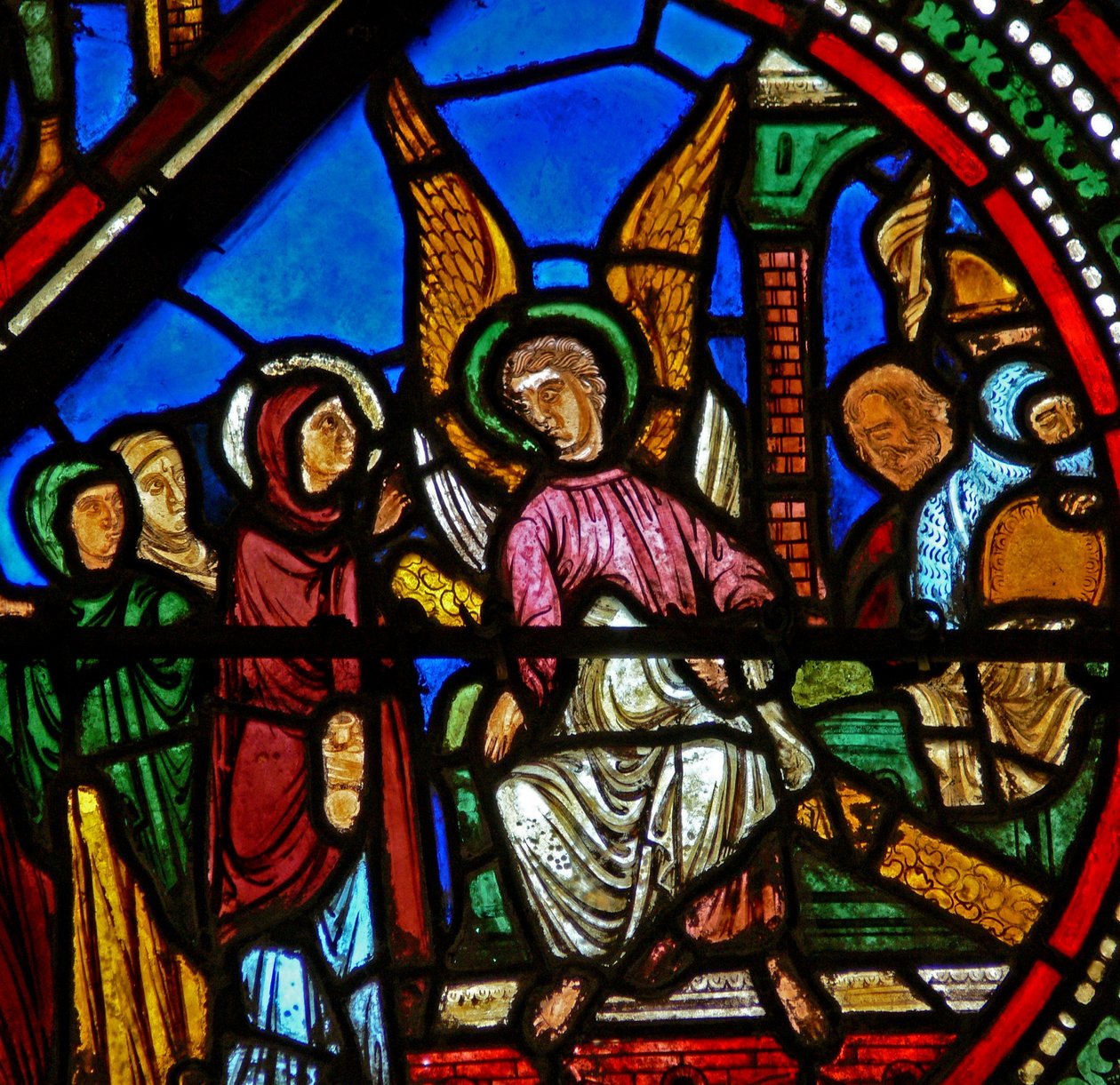 Janela w15 representando uma cena de ressurreição: as mulheres sagradas no túmulo de French School