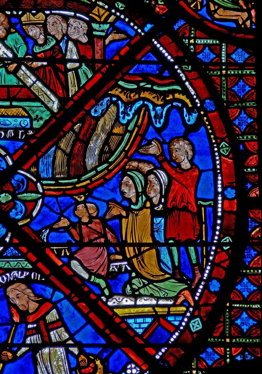 Janela w15 descrevendo a história das relíquias de St Stephens: assistindo ao enterro, as pessoas experimentam curas milagrosas à medida que a chuva cai sobre elas de French School
