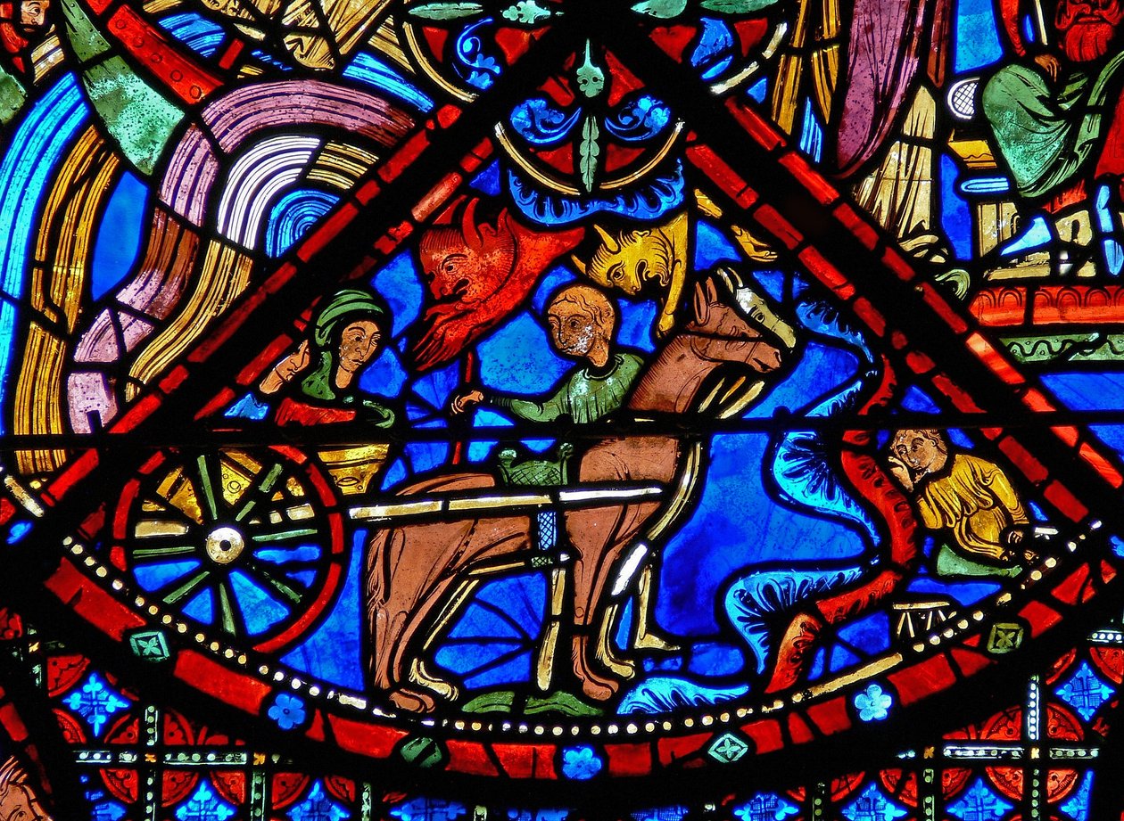 Janela w15 que descreve a história das relíquias de St Stephens: os demônios interferem no transporte das relíquias de French School