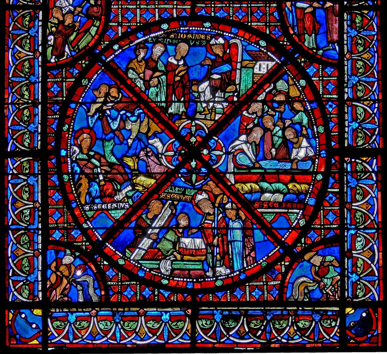 Janela w15 representando a história das relíquias de St Stephens: a parte inferior da janela de French School