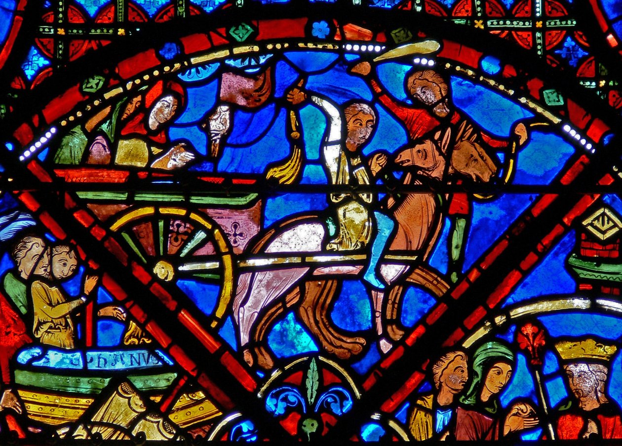 Janela w15 retratando a história das relíquias de St Stephens: transportando as relíquias de cavalo e carroça de French School