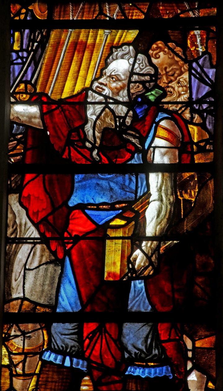 Janela w16 representando Moisés (cabeça moderna) organiza a Coleta do Maná (algumas figuras são cópias de figuras de Michelangelo) de French School