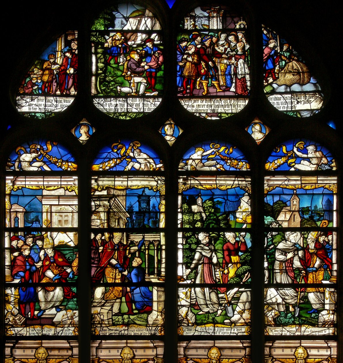 Janela w19 retratando cenas da vida de St Fiacre de French School