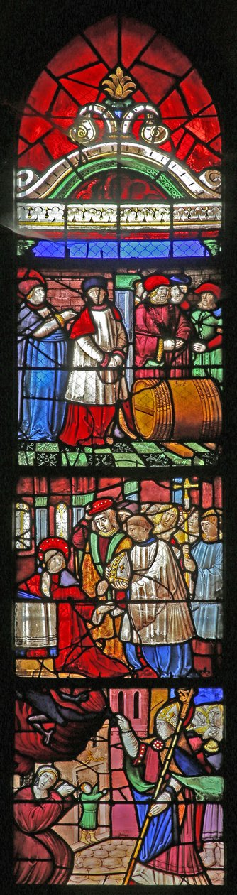 Janela w19 retratando a vida de St Remi. Abaixo: entrega uma alma possuída. Centro: é oferecido o bispado de Reims (gravado) Acima: milagre do vinho em Cernay de French School