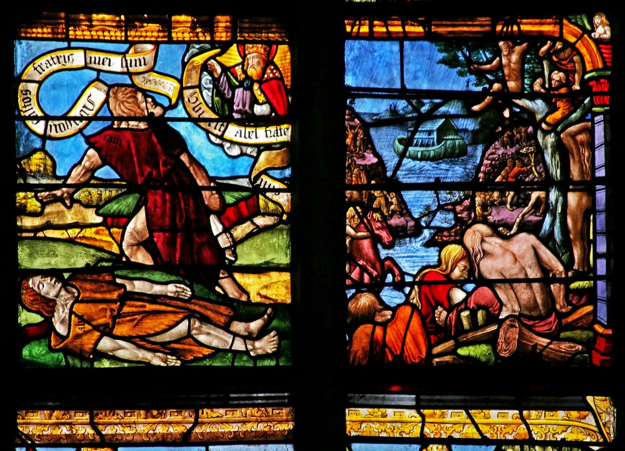 Janela w1 representando Caim mata Abel; Arca de noé de French School