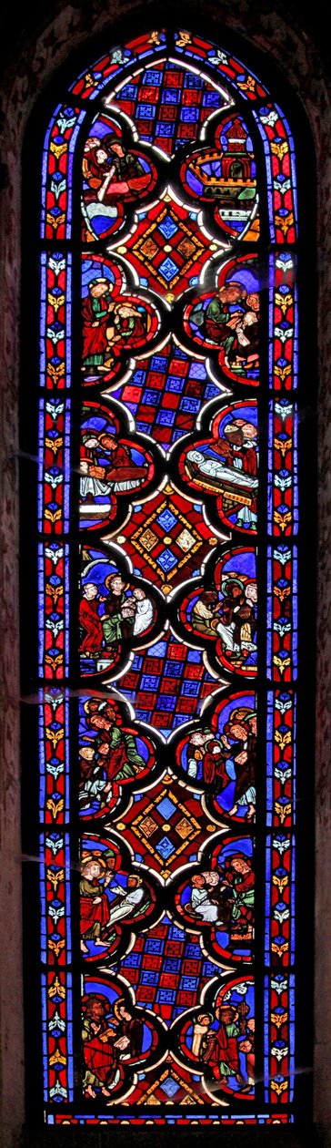 Janela w1 retratando uma cena da vida de Santa Maria Madalena com cenas da história de Maria e Marta de French School