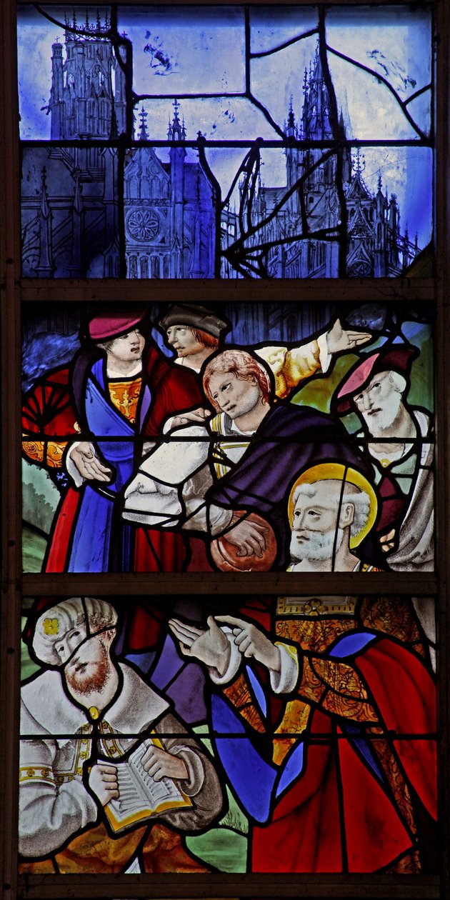 Janela w1 representando uma cena da vida de São Pedro: Simon Magus e Peter debate; Catedral de Rouen e St Maclou em segundo plano de French School