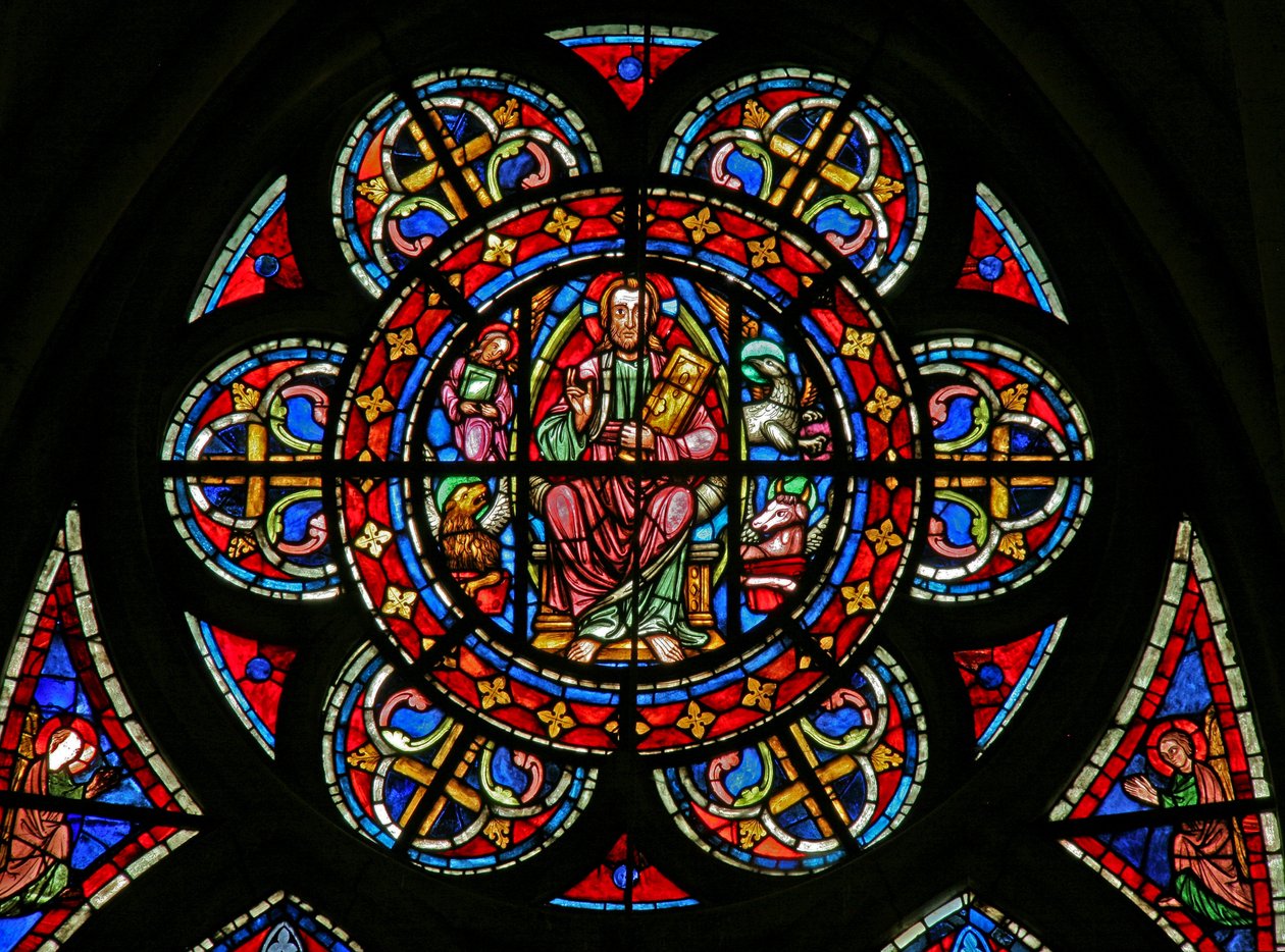 Janela w200 representando uma roseta: Cristo cercado por símbolos de evangelista de French School