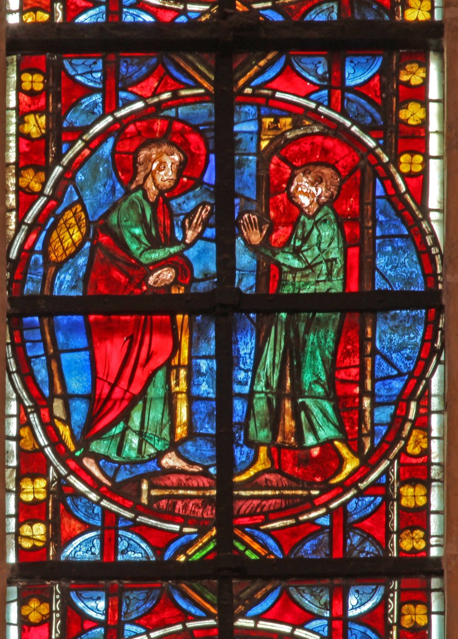 Janela w210 retratando St James e o mágico Hermogenes aprendiz Philetus de French School
