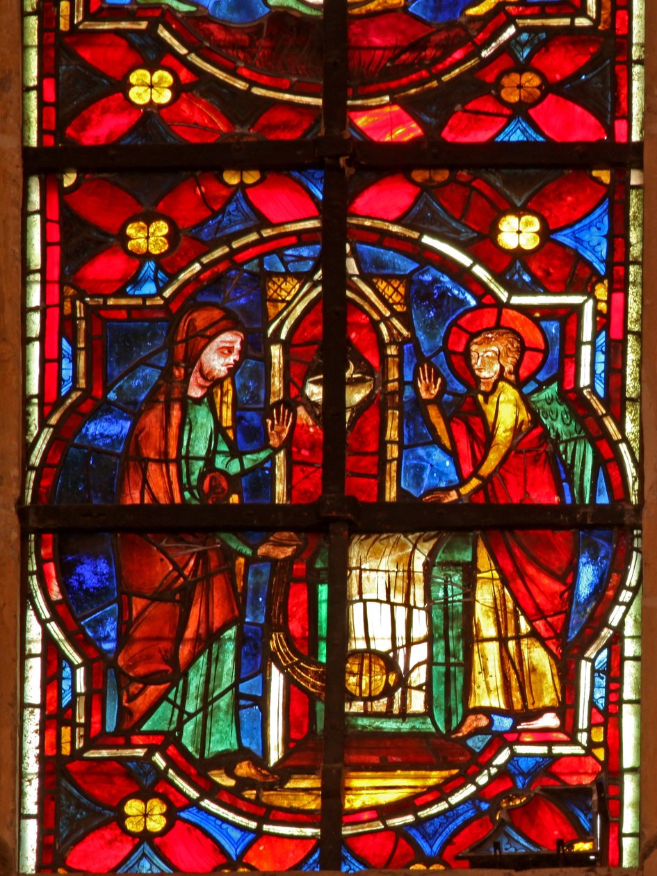 Janela w212 representando Zacarias, o pai de São João Batista, visitado por um anjo no templo de French School