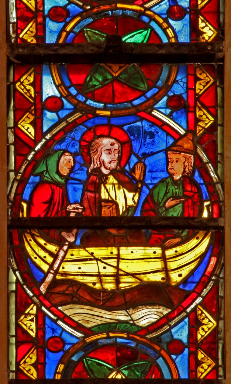 Janela w213 que descreve uma cena da vida de St Thomas: Thomas vai para a Índia com Abanes de French School