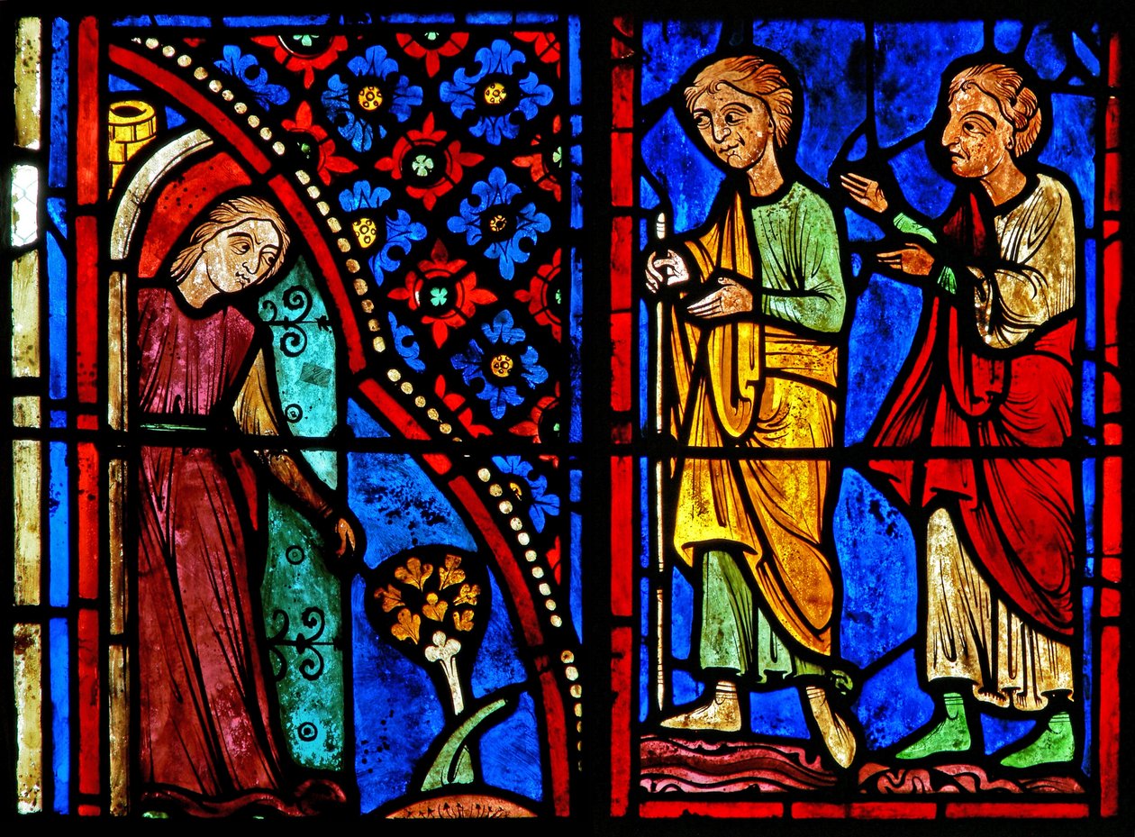 Janela w21 retratando St Mary o egípcio como uma prostituta com seus clientes de French School