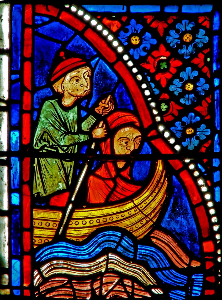 Janela w21 representando St Mary o egípcio passa o rio e começa a penitência de French School