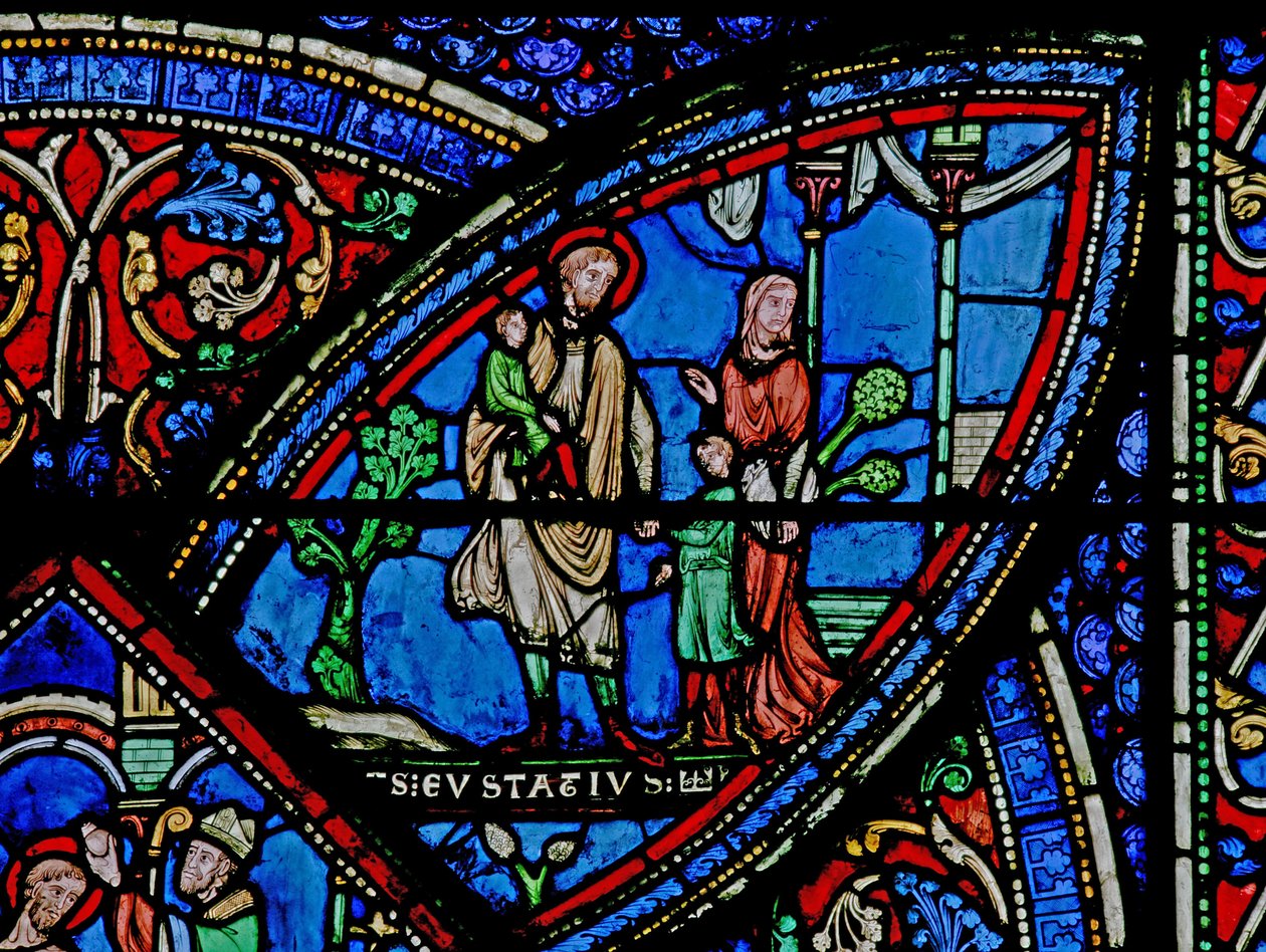 Janela w21 retratando uma cena da vida de St Eustache: ele sai de casa com sua família de French School