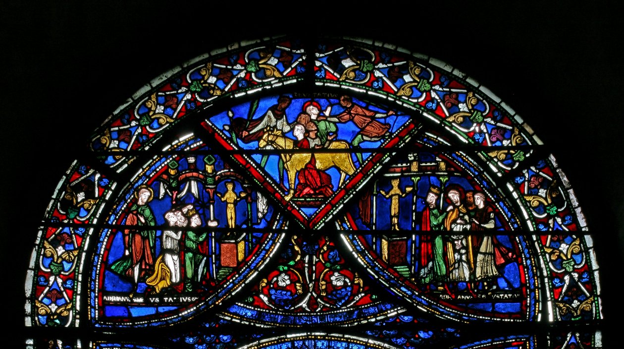 Janela w21 retratando cenas da vida de St Eustache: ele é casado com sua família no Touro de Bronze de French School