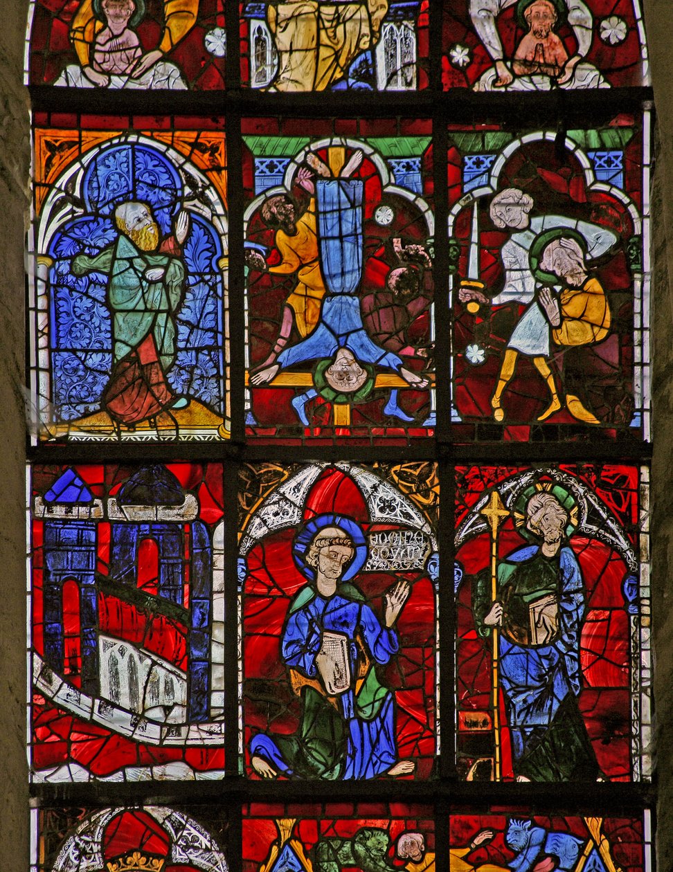 Janela w221 representando Quo Vadis; São Paulo, martírio, crucificação de São Pedro; um profeta de French School