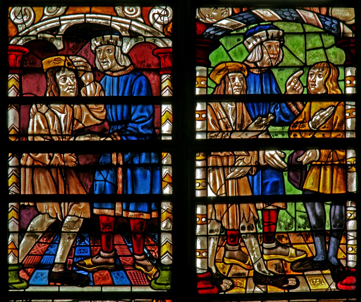 Janela w232 retratando uma cena da história do filho pródigo: seu pai o recebe em casa; prepara festa de French School