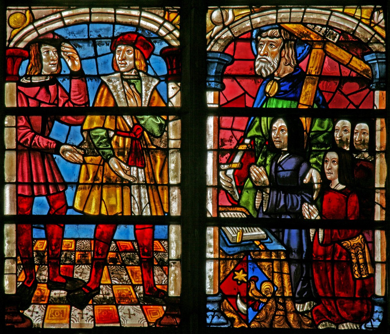Janela w232 retratando uma cena da história do Filho Pródigo: a ira do irmão mais velho; doadores esposa, filhas, St Simon de French School