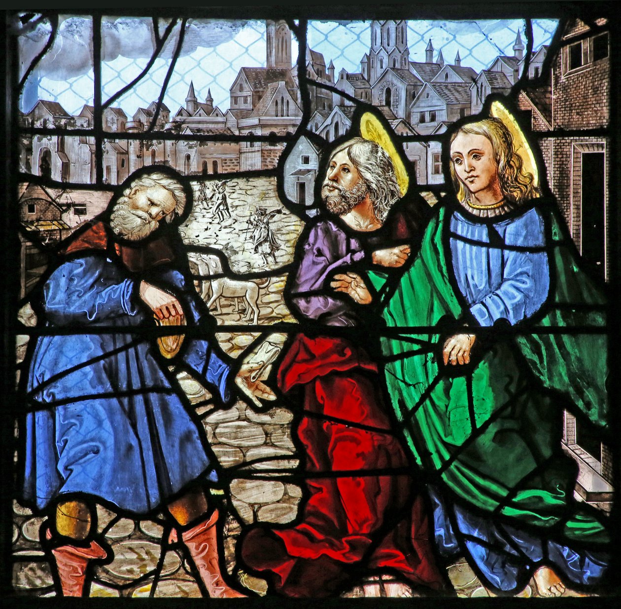 Janela w24 representando dois apóstolos dar dinheiro a um homem (LAumone de St Thomas) de French School