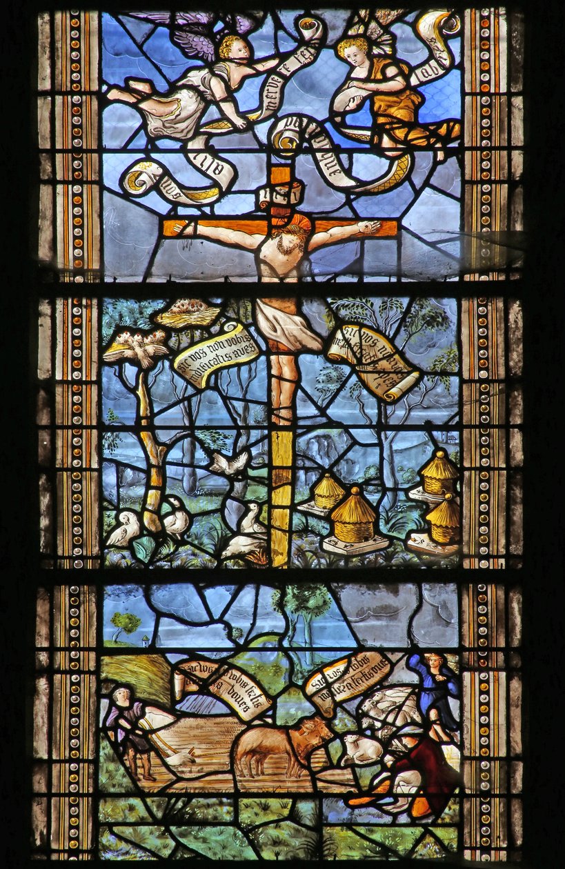 Janela w26 retratando Cristo na Cruz cercada por cenas campestres inspiradas por Virgílio. Janela dada por Thomas Mangin: de French School