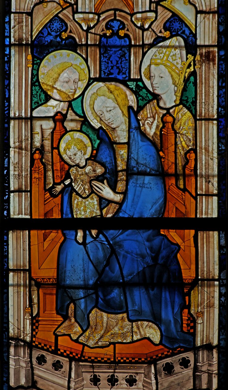 Janela w27 representando a Virgem e o Menino com São Sebastião e um santo bispo de French School