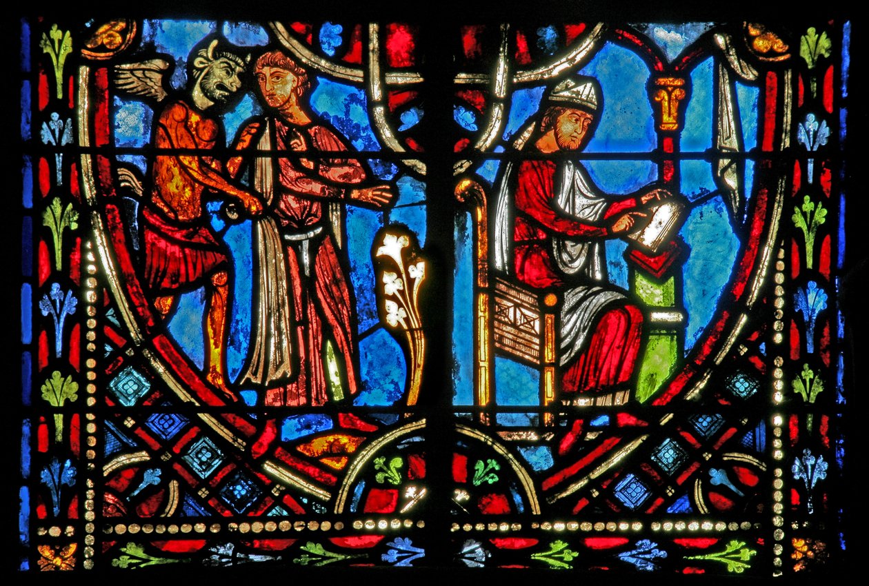 Janela w2 representando uma cena da história de Theophilus (moderna) de French School