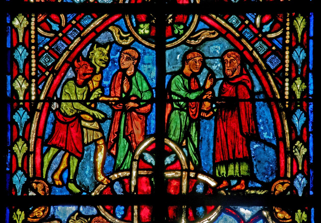 Janela w2 representando uma cena da história de Theophilus (moderna) de French School
