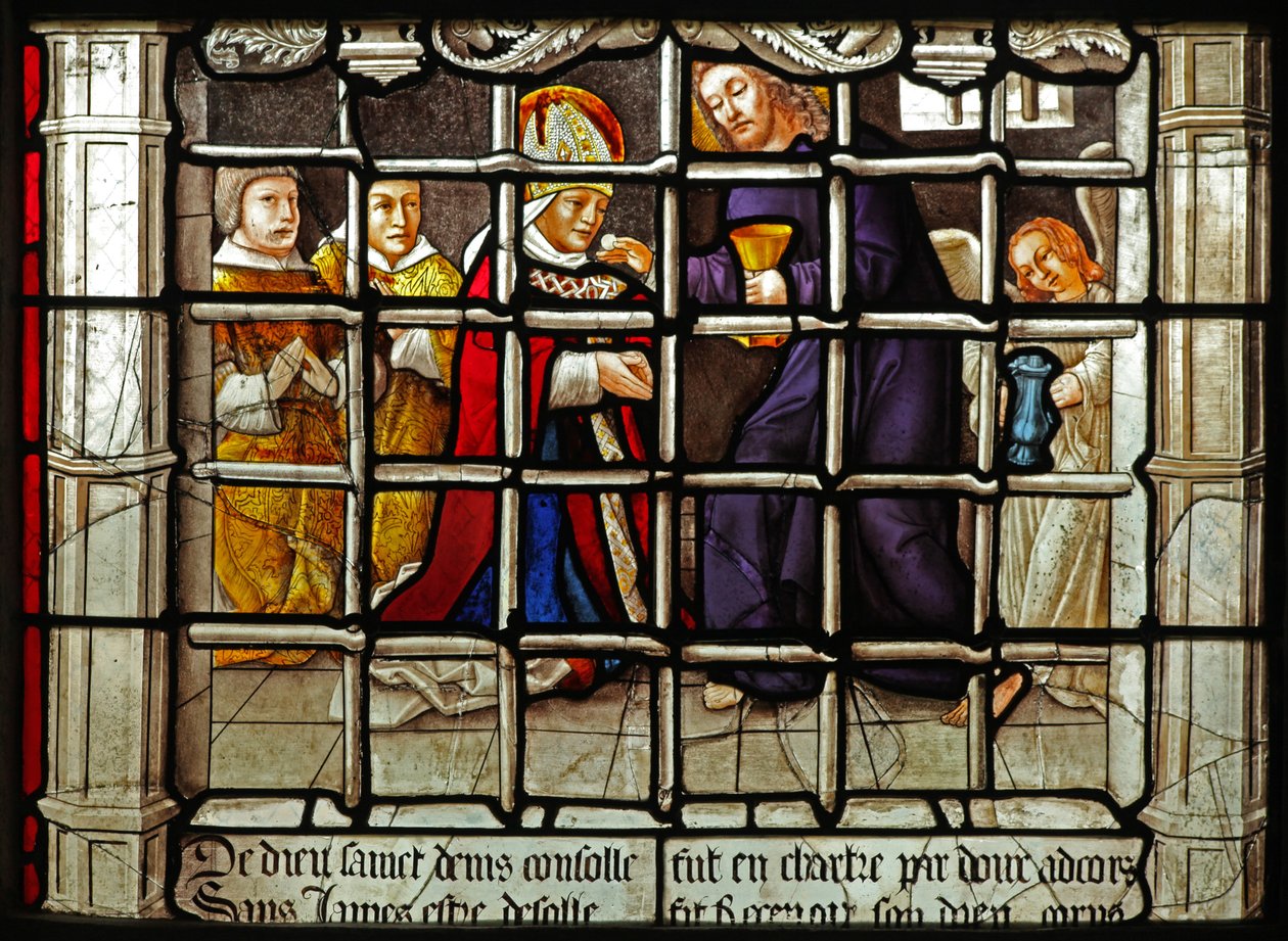 Janela w31 representando uma cena da vida de St Denis: recebe a comunhão de Cristo na prisão de French School