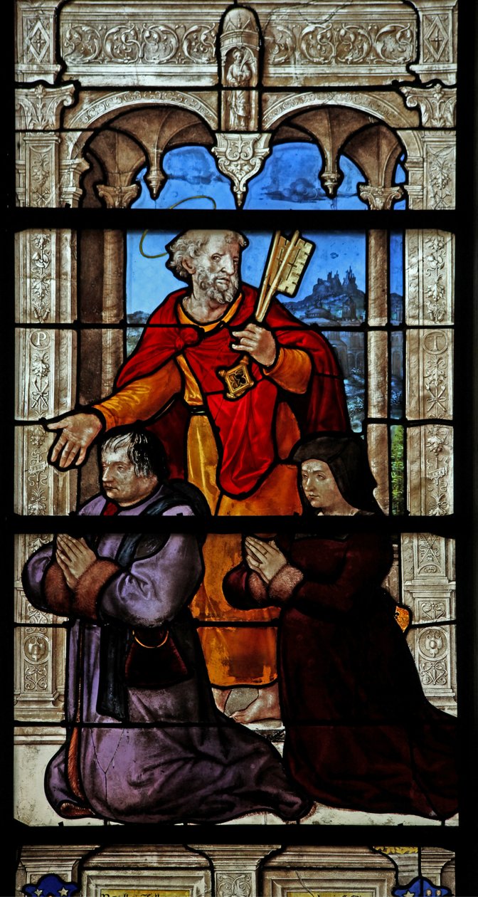 Janela w32 representando St Peter e dois doadores de French School