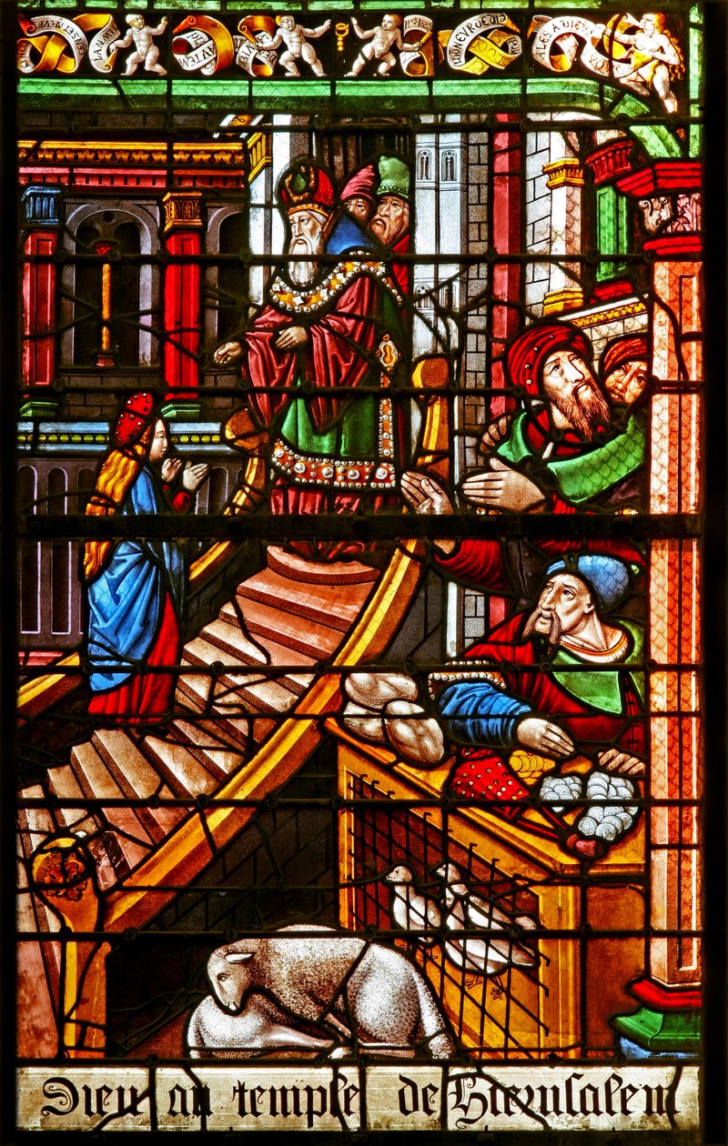 Janela w38 representando uma cena da vida da Virgem Maria: sua apresentação no templo de French School