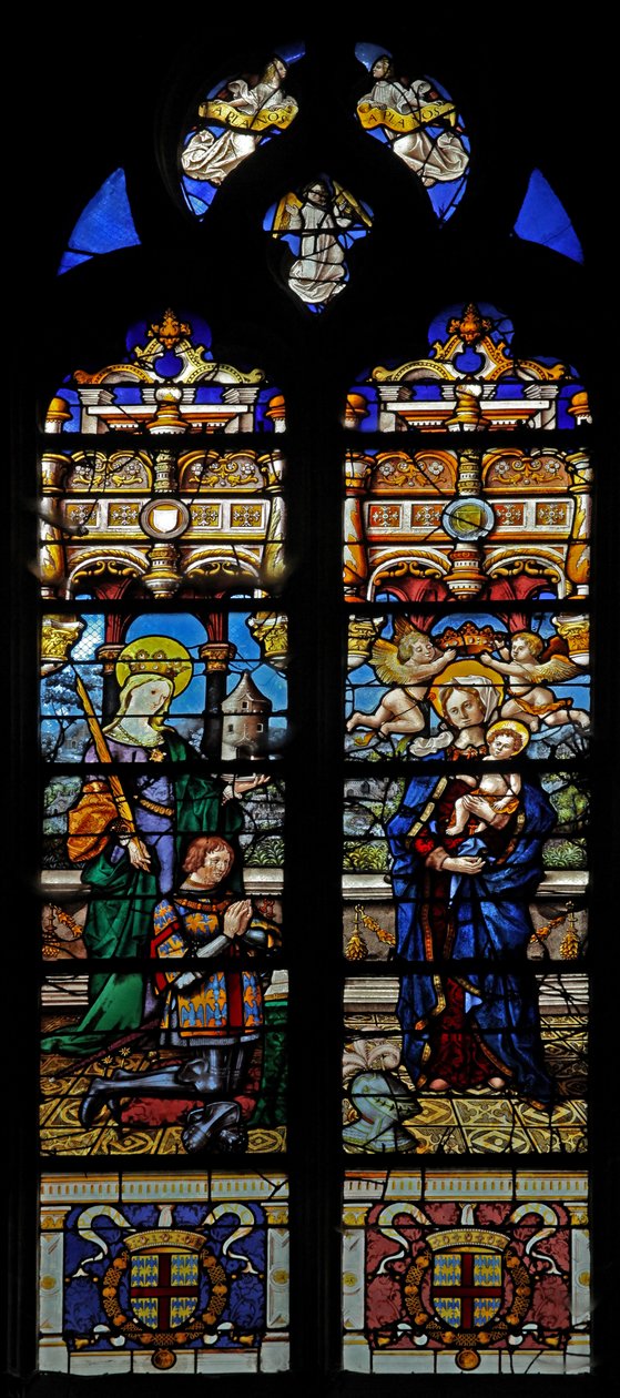 Janela w3 representando St Barbara e o doador Jean de Montmorencyn de French School