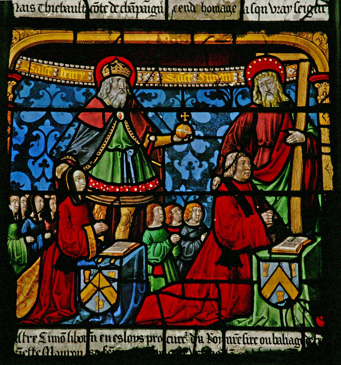Janela w3 representando doadores - Henriette de Mauroy e Simon Liboron com seus filhos e patronos São Henrique e Simão de Cirene de French School