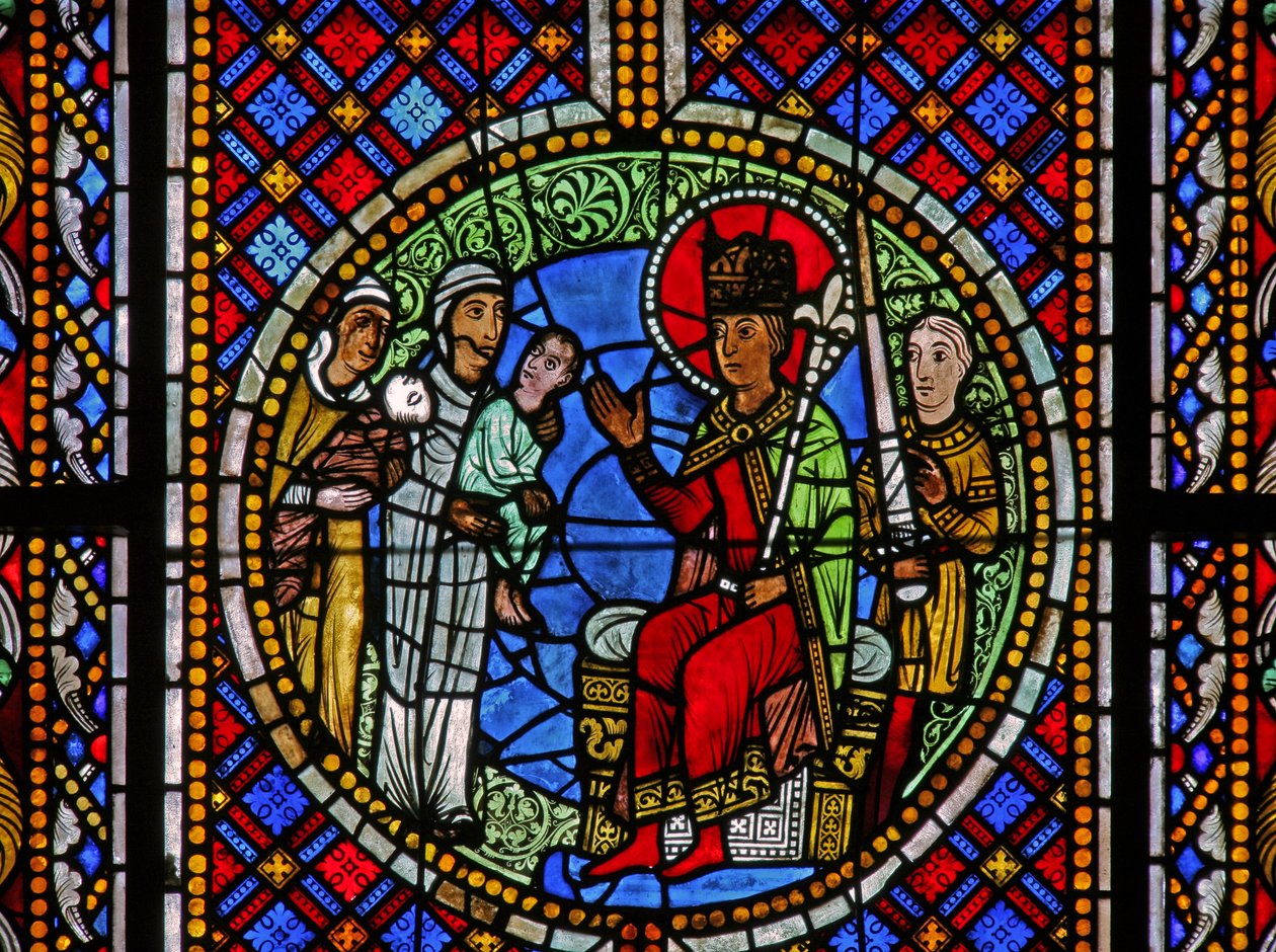 Janela w3 representando o julgamento de Salomão: as duas mães e o filho antes de Salomão de French School