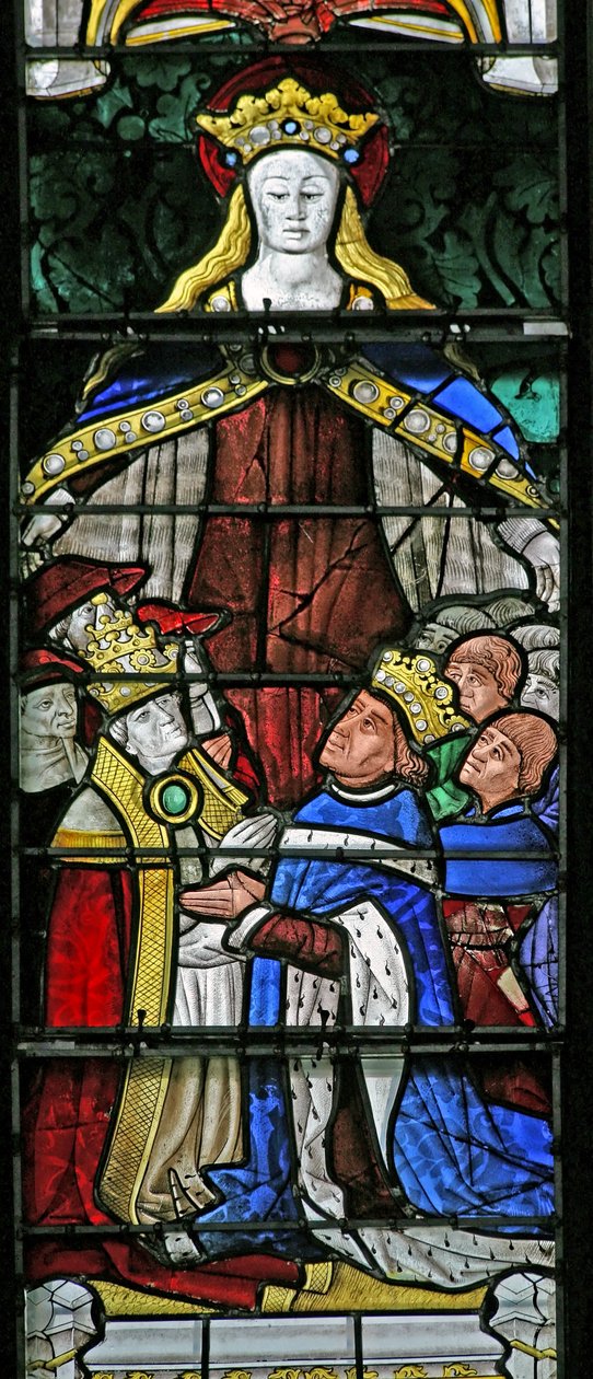 Janela w4 representando a Virgem Maria como Protector, o Papa Paulo II e o Rei Luís XI de French School