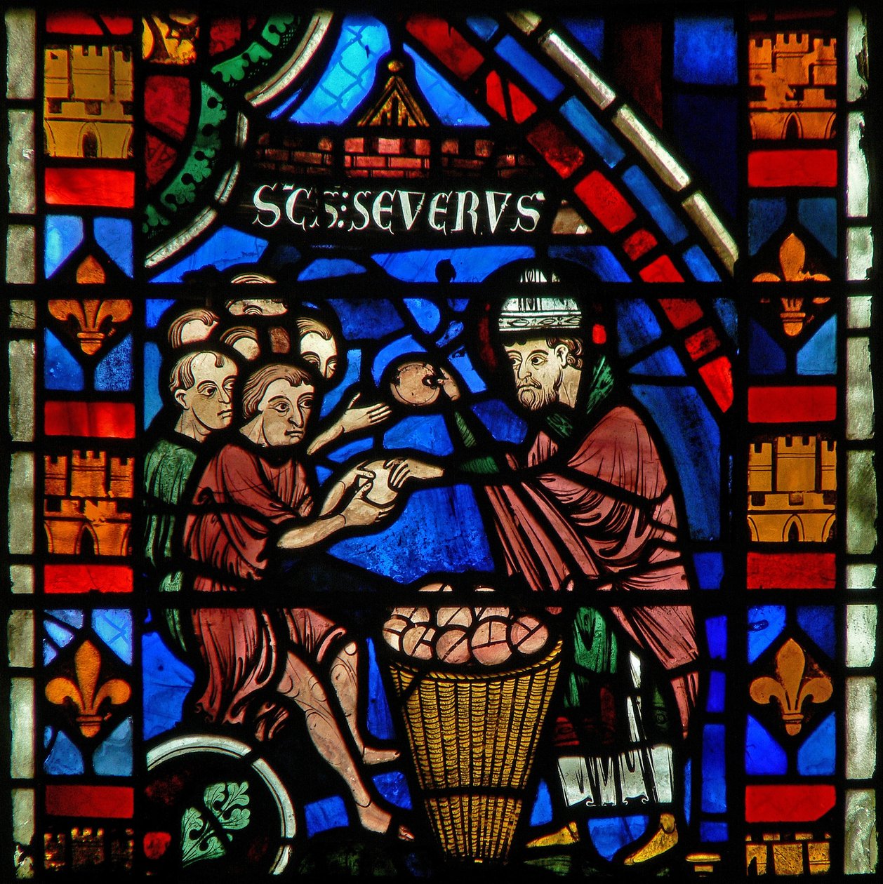 Janela w51 representando St Sever distribui comida para os pobres de French School