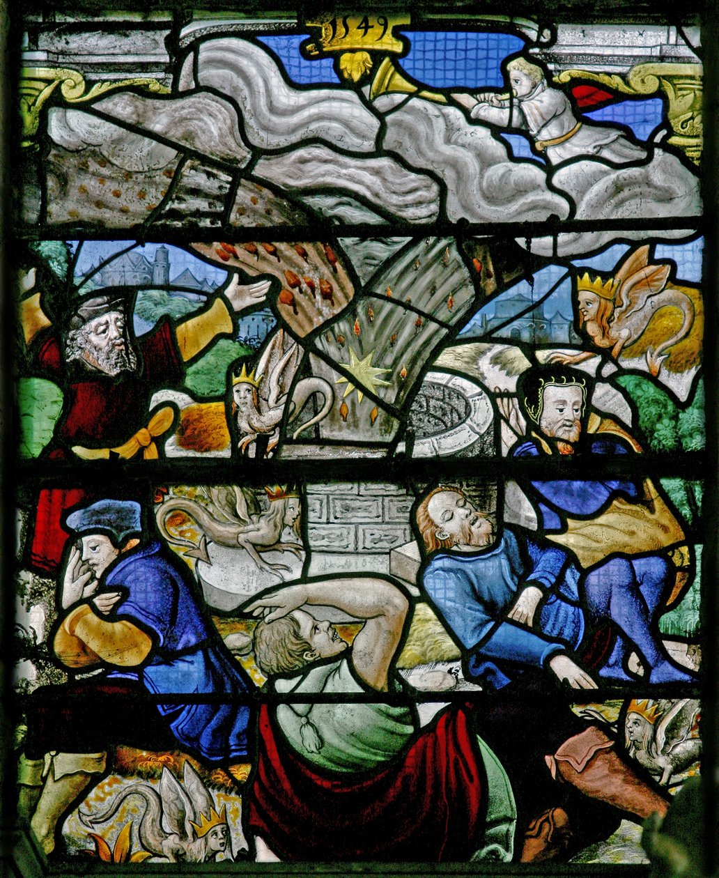 Janela w5 retratando uma cena do livro da Revelação de São João: uma estrela cai na terra: quinto anjo de French School