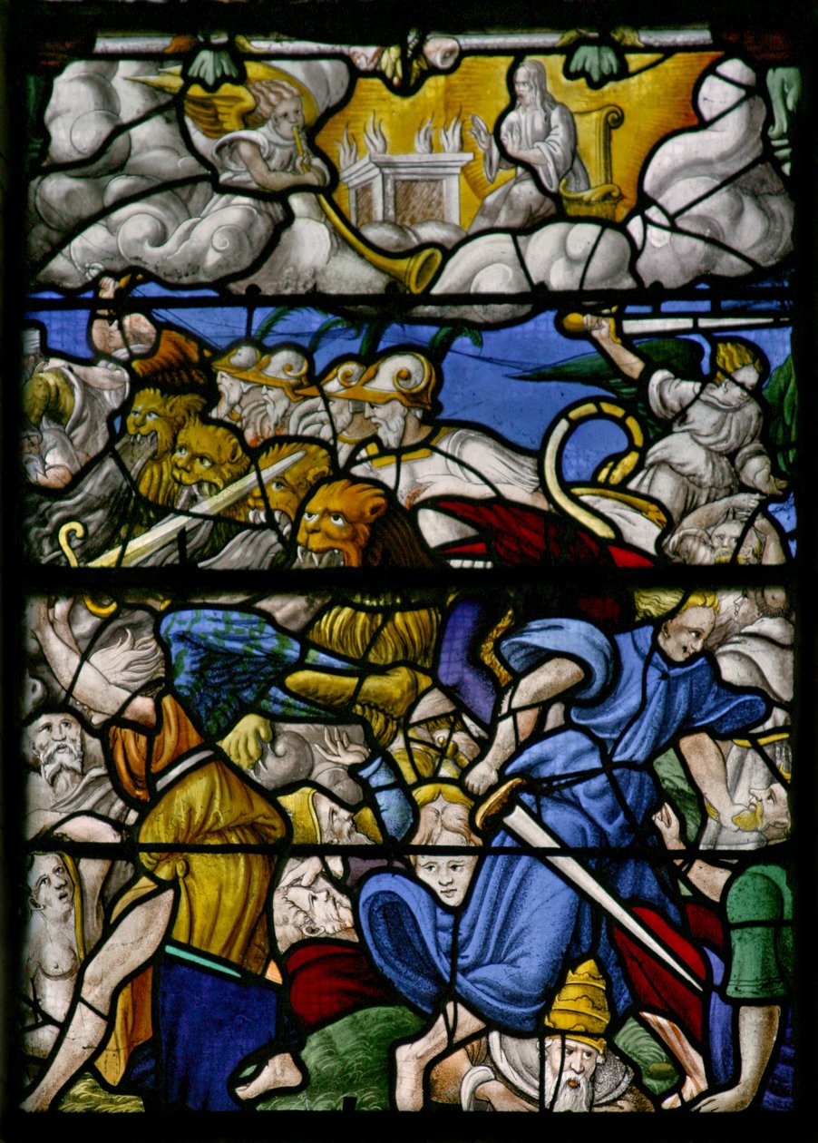 Janela w5 representando uma cena da Revelação de São João: cavalos com cabeças como leões, fumaça e enxofre de suas bocas de French School