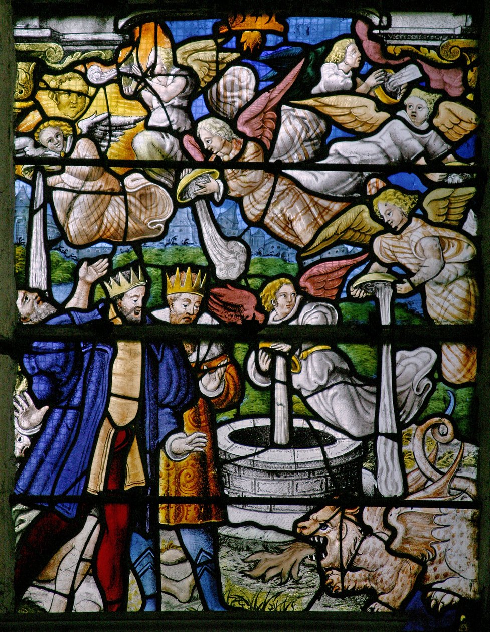 Janela w5 retratando cenas de St Johns Livro do Apocalipse: homens são queimados; a água é transformada em sangue; frascos são esvaziados; granizo desce de French School