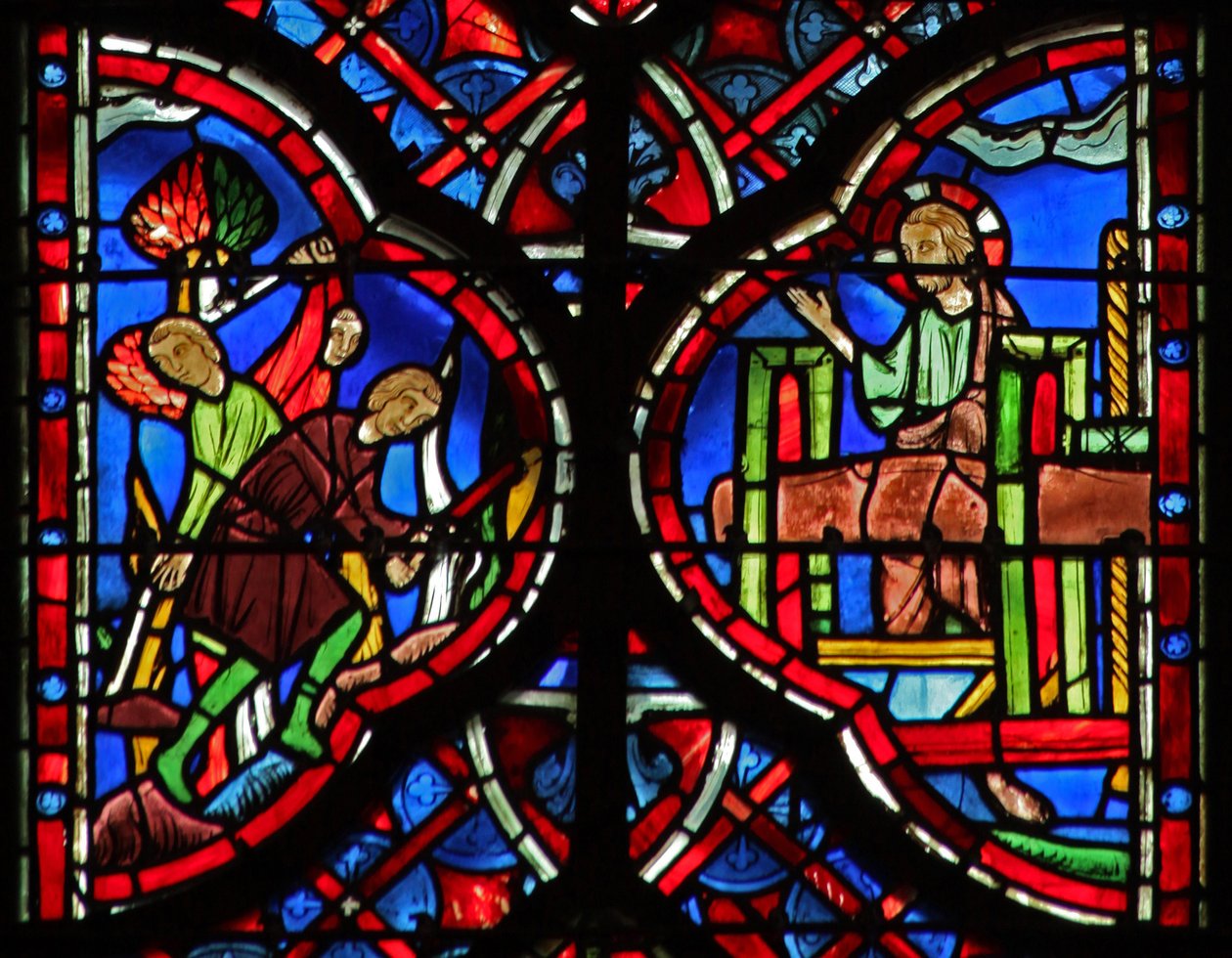 Janela w6L As árvores da floresta são cortadas com um machado (L) X 33-34. Cristo com o lagar (R) é LXIII 1-6 de French School