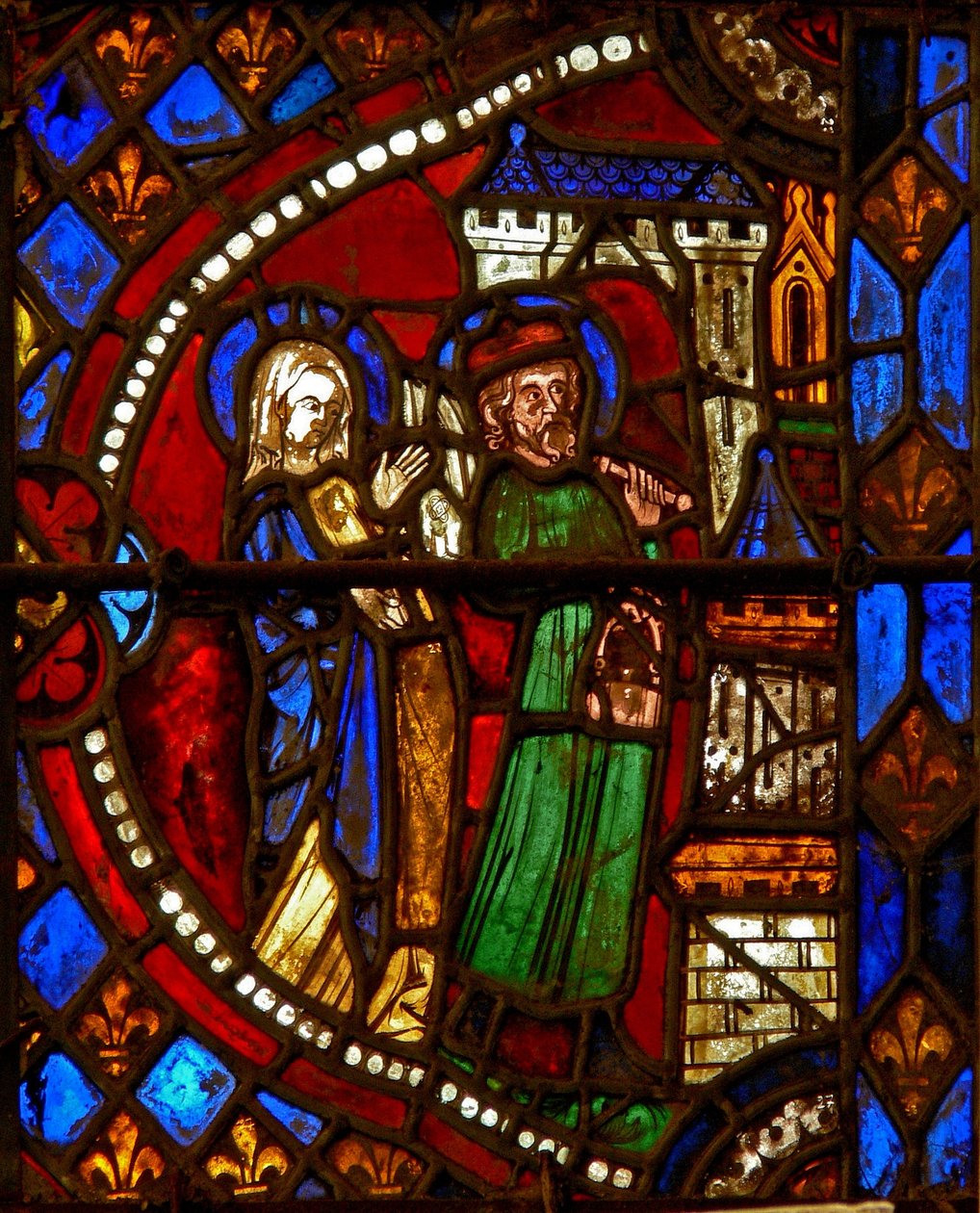 Janela w6 representando Joachim e St Anne retornam do templo de French School