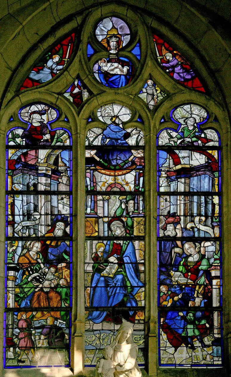 Janela w6 representando St Anne Ensinar a Virgem a ler; Mary Jacobe e Mary Salome e famílias; David, Asa, Josias acima de French School