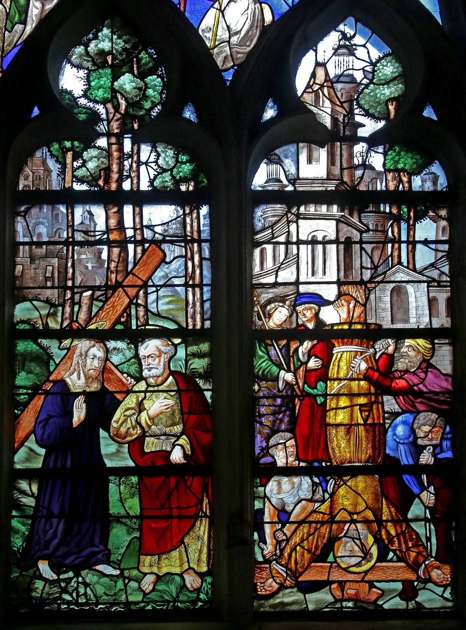 Janela w6 representando São Pedro encontra Cristo fora de Roma: Quo Vadis ; a crucificação de São Pedro de French School
