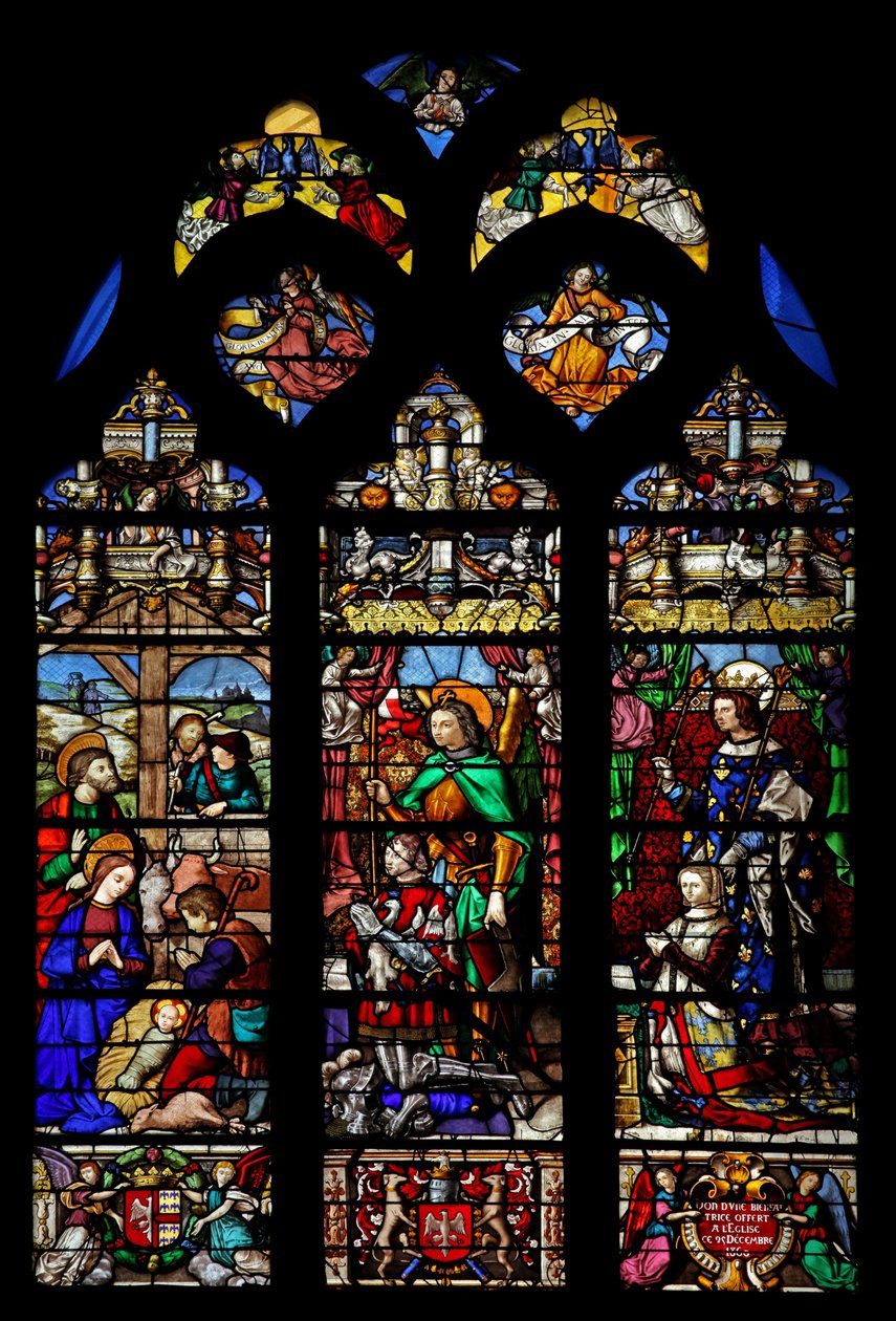 Janela w6 representando a Natividade com pastores; doadores Gaspard de Coligny e esposa e santo padroeiro de French School