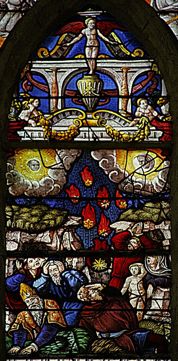Janela w7 representando uma cena do livro de Apocalipse de São João: estrelas caem na terra: o sol escurece e a lua parece sangue de French School
