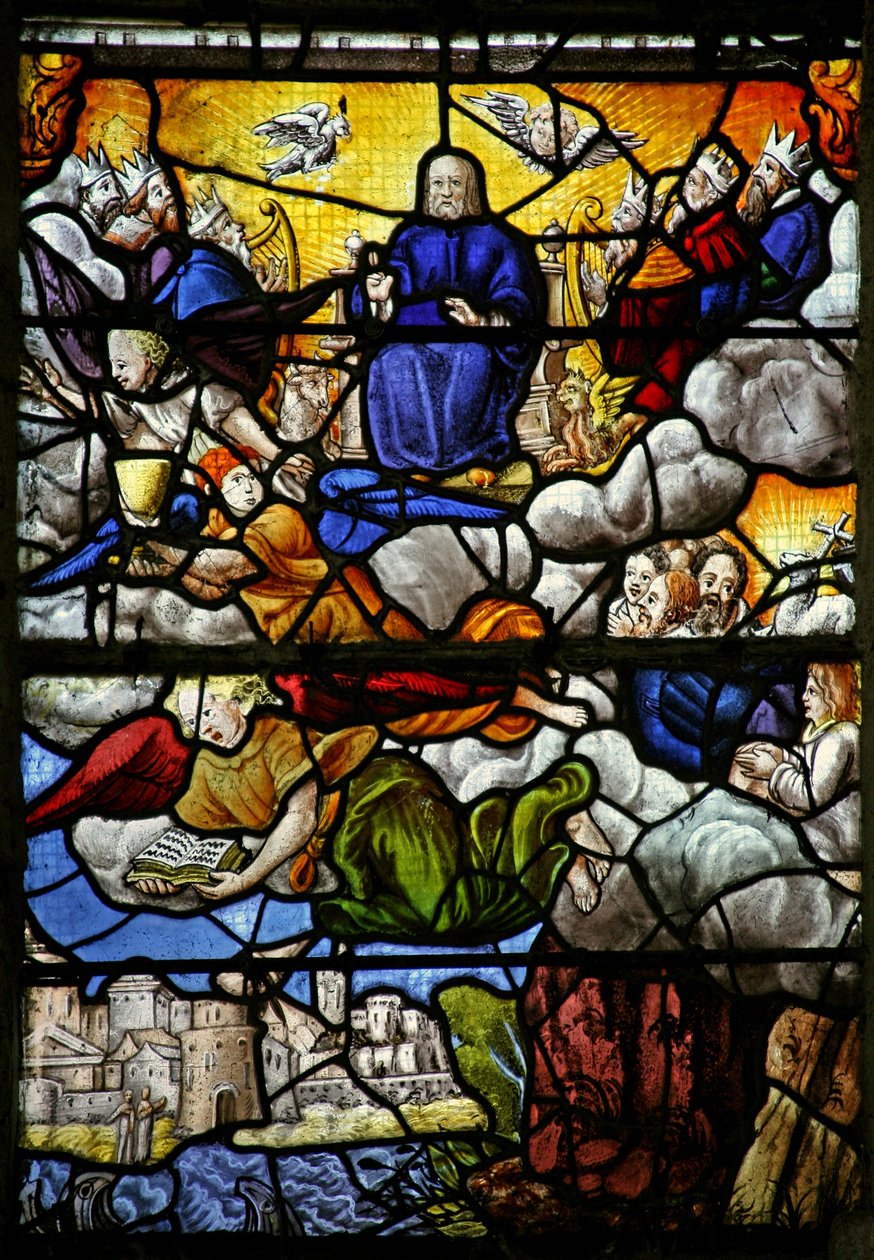Janela w7 representando uma cena do livro de Apocalipse de São João: o trono no céu: as quatro bestas sagradas de French School