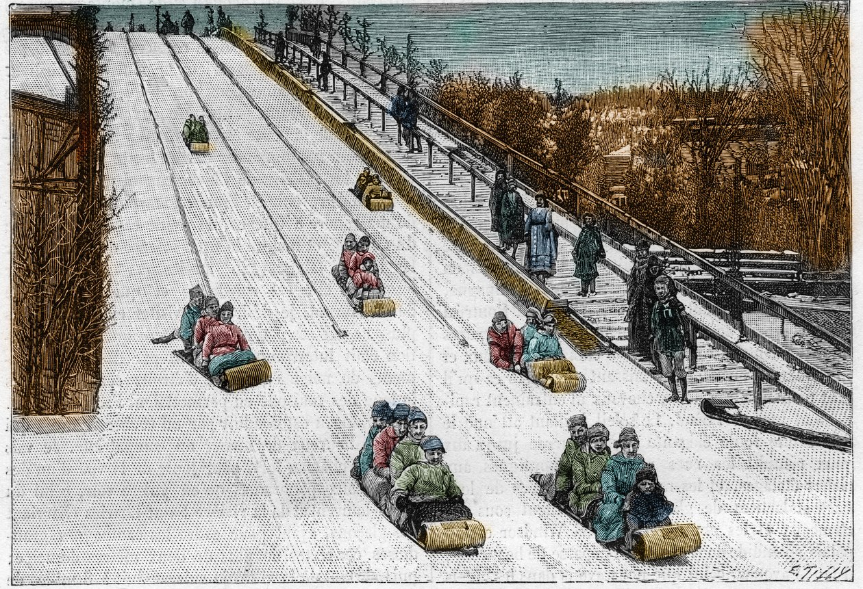 Jogo de Inverno e desporto: o Tobogan slide, montanha-russa no Montreal Park, Canadá. Gravura em "La Nature". Revue des sciences et de ses applications aux arts et a l