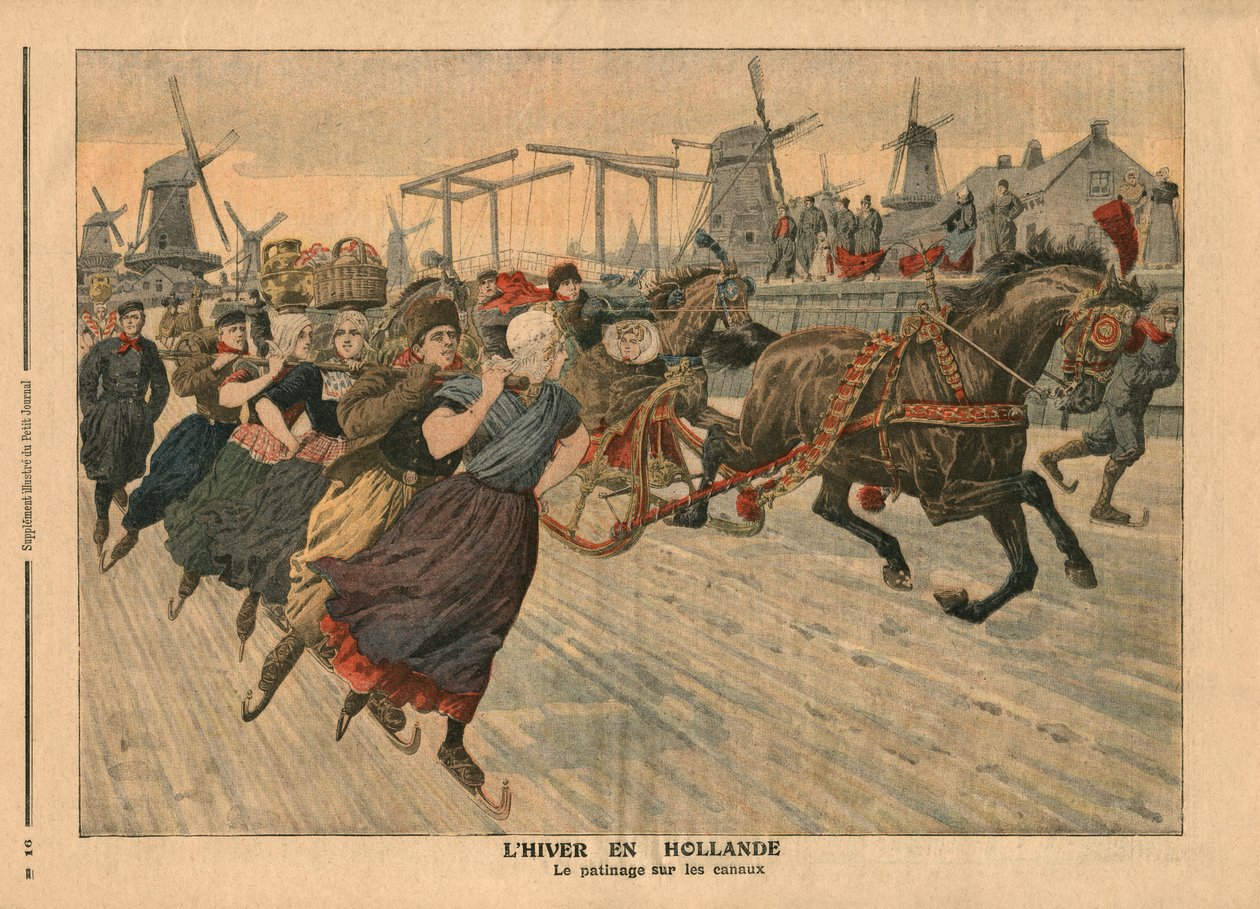 Inverno na Holanda, patinação no gelo no canal, ilustração de &39;Le Petit Journal&39;, suplemento illustre, 13 de janeiro de 1907 (cor litho) de French School