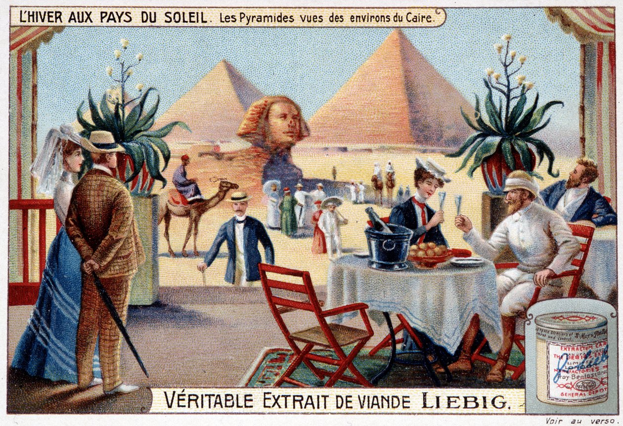 Inverno nos países do sol: pirâmides vistas dos arredores do Cairo - Vinheta publicitária, chromo. Liébig, v.1900. de French School
