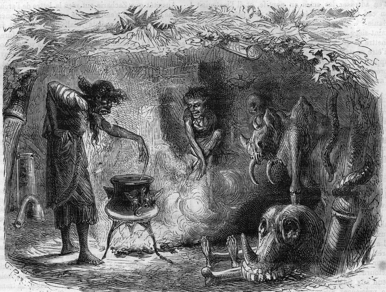 Prática de bruxaria: bruxa ao redor de um caldeirão fazendo poções e sortilégios mágicos. Gravação em "Histoire des Papes-Rois-Queen and Empereurs a travessa les centuries" por Maurice Lachatre de French School