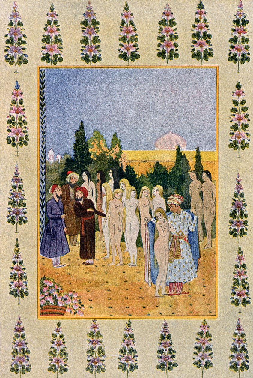 Com meu manto eu irei proteger sua nudez, ilustração das Mil e Uma Noites, 1895 (gravura colorida) de French School